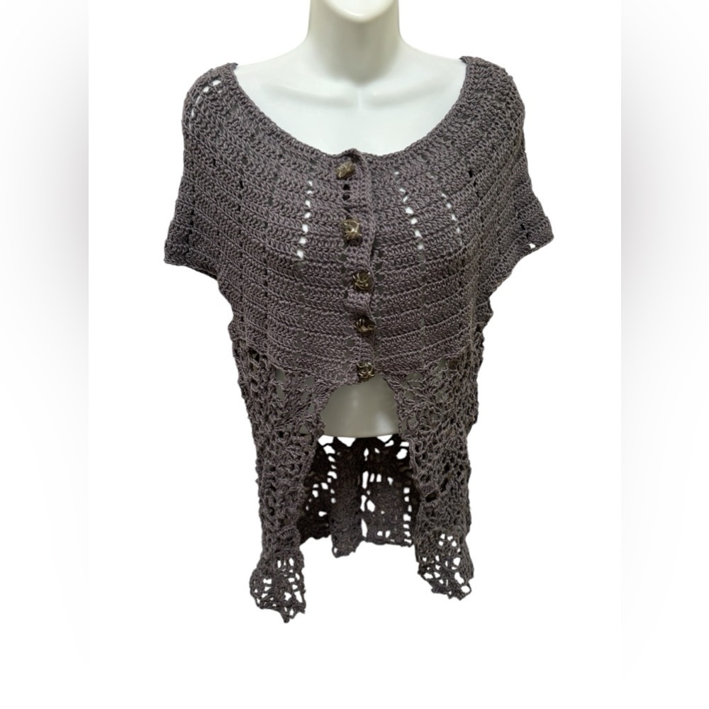 Hand Made Gray Crochet Sweater Vest Unique Buttons S-M Boho Artsy Hippy Witchy